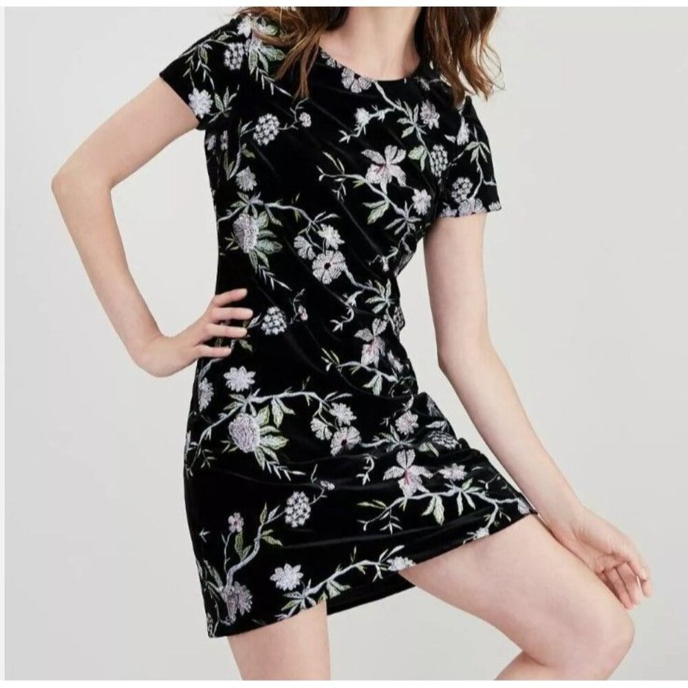 Calvin Klein Women Black Velvet Floral Embroidery Sheath Dress Size 8